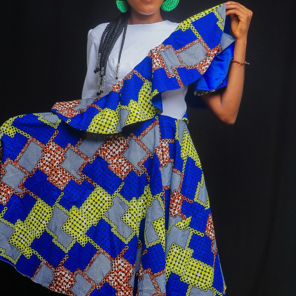 Knee length dress white African blue print ngounbang